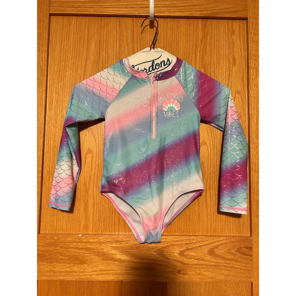 Betsey Johnson Girls Mermaid Vibes Long Sleeve One Piece Swimsuit Rainbow Size 6